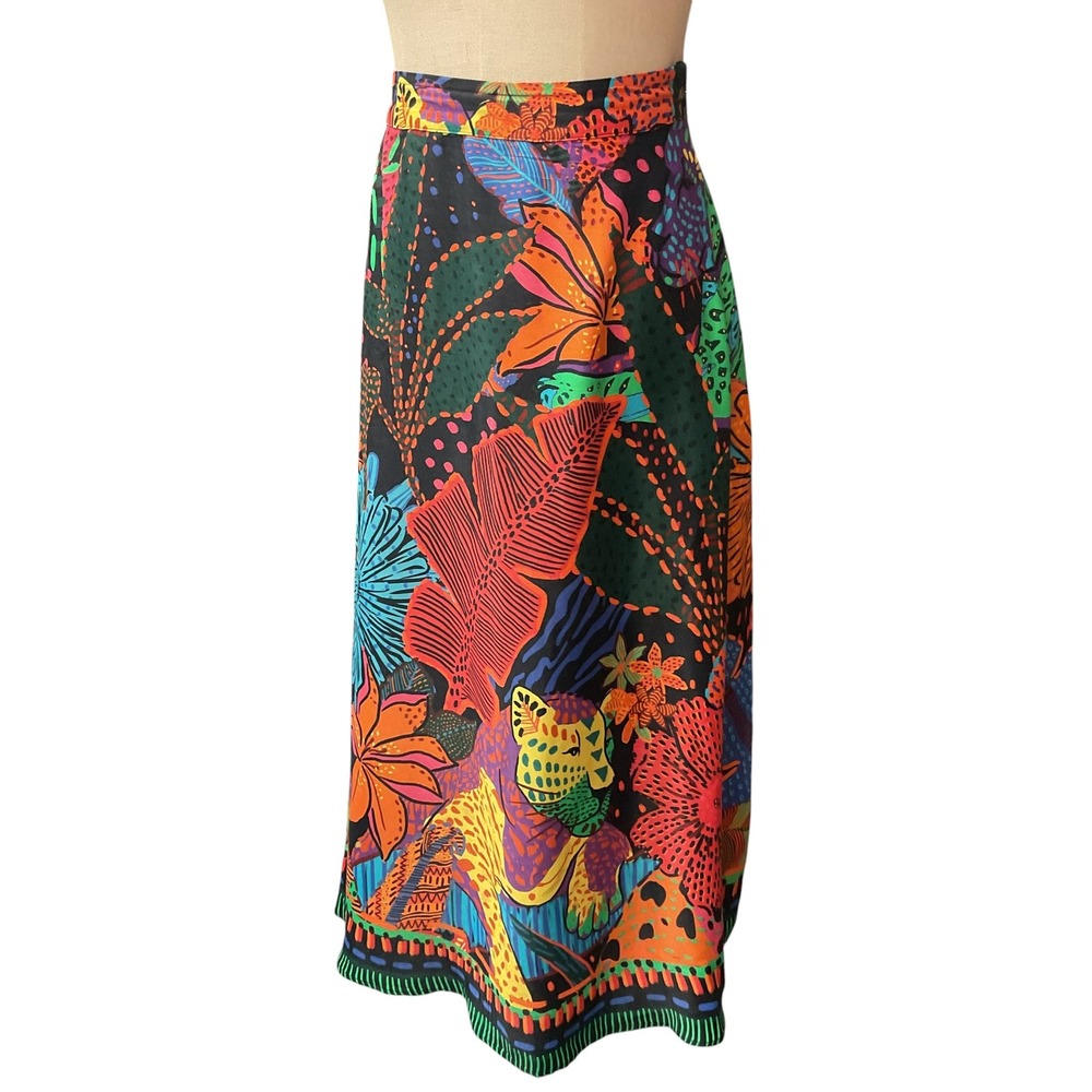 FARM Rio Women's Black Cool Leopards Floral Printed A-line Midi Skirt Size Small - Picture 3 of 12